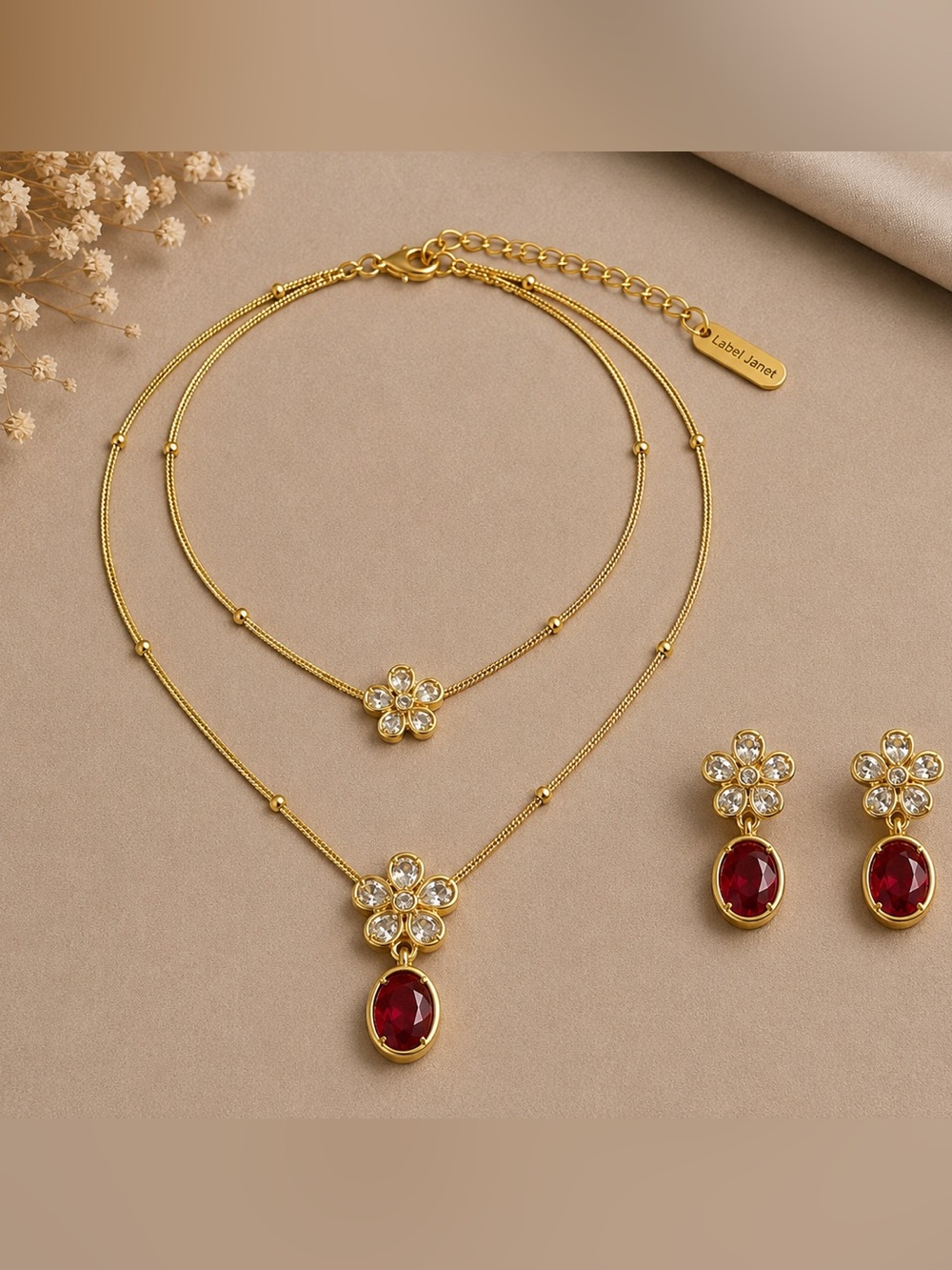 Gold-Plated Necklace & Earring Set with Red Stones